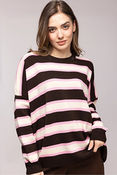 Saade Brown Striped Oversized Crew Neck Knitwear Sweater - Drop Shoulder