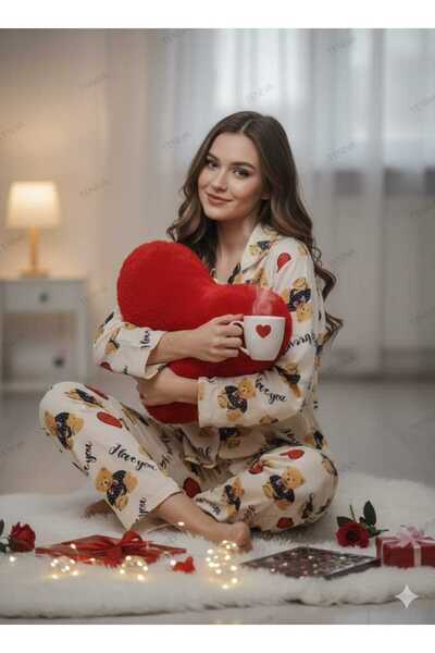 SÜET Kadın Ayıcık ve Kalp Desenli Pijama Takımı - Düğmeli Bej Pijama Seti