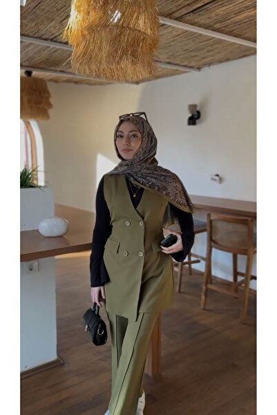 Missvalle Belted Vest Pants Hijab Set Khaki 0100