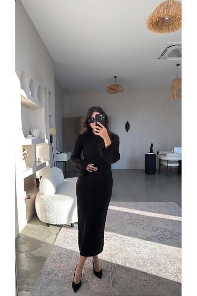Buket Teke Black Textured Sleeve Spanish Knitwear Dress
