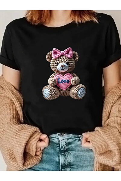 FUFLUNS تي شيرت محبوك بطبعة الدببة وياقة دائرية كبيرة الحجم