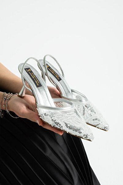 Lebibe Shoes Perie Silver Women's 7 cm Heeled Sequin Sequined Strap Evening D...