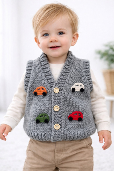 A&D HANDMADE Hand Knitted Baby/Child Vest with Car
