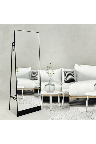 Bleco مرآة أرضية طويلة بإطار معدني سميك مع رف تخزين، من ديكور المنزل
