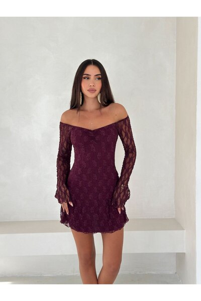 MERİKA ELEGANCE Kadın Dantelli Madona Yaka Mini Elbise - Uzun Kollu Vücut Sar...