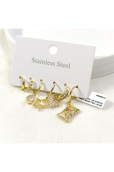Güler Yüzlü Silver Steel Stone Candy Earring Combination Set Gold