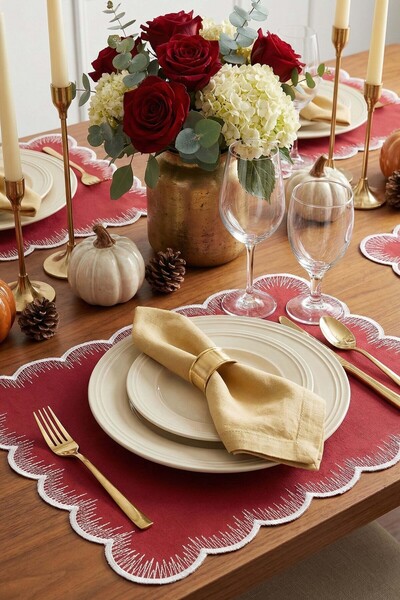 decofav Scallop Rectangular Burgundy Fabric Embroidered American Tablecloth 2...