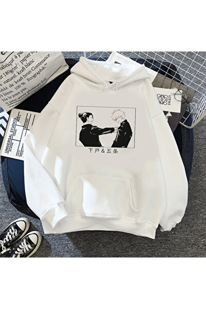 Elvino Jujutsu Kaisen Geto Gojo Bff Baskılı Beyaz Kapşonlu Sweatshirt