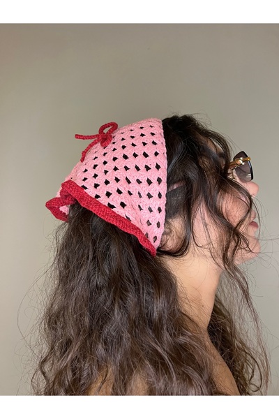 Ra Design store Light Pink, Red Ruffled Edge Hand-Knitted Bandana with Bow Detail