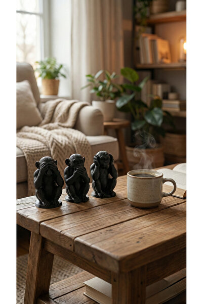 uAmor Siyah Üç Maymun 3'lü Biblo Seti - Dekoratif Modern Heykel Masaüstü Obje