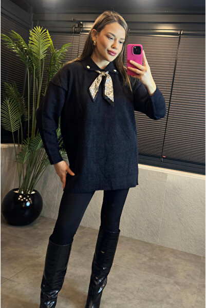 MİR STORE سترة قصة فضفاضة يموش ذات تفاصيل وشاح أسود