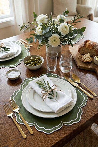 decofav Set de masă american brodat din țesătură verde Bloom, 2 bucăți