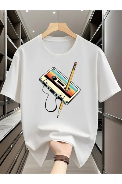 FUFLUNS تي شيرت ملون مطبوع عليه شريط كاسيت للجنسين/للرجال/للنساء ذو رقبة دائر...