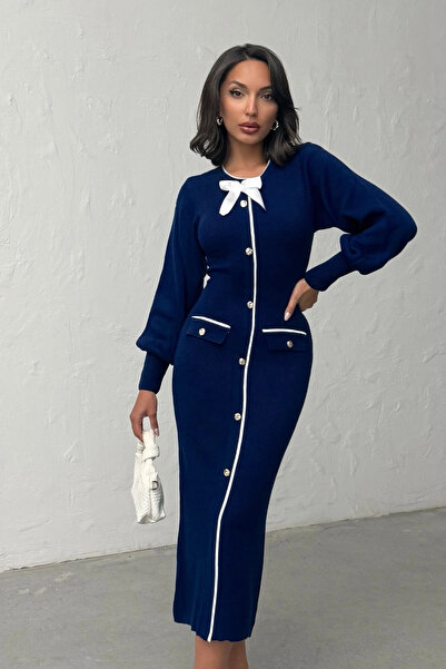 Lusin Women's Navy Blue Stylish Bow Detailed Balloon Sleeve Elegant Knitwear ...