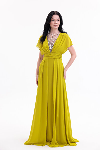 BDM Exclusive V Yaka El İşi Taş Detaylı Şifon ve Krep Uzun Abiye Elbise