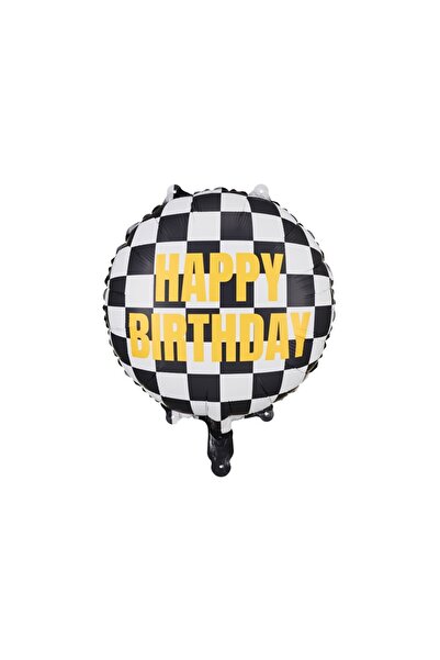 PARTY DECO SP. ZO.O.SP.K. Round foil balloon black/white checkered HAPPY BIRT...