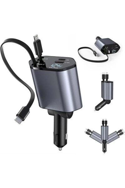 Generic DENX Retractable Fast Car Charger Dual USB & Type-C Multi-Port Adapte...