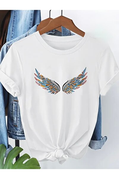 FUFLUNS تي شيرت بطبعة جناح الملاك ذو رقبة دائرية واسعة الحجم
