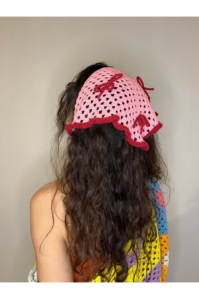 Ra Design store Light Pink, Red Ruffled Edge Hand-Knitted Bandana with Bow De...