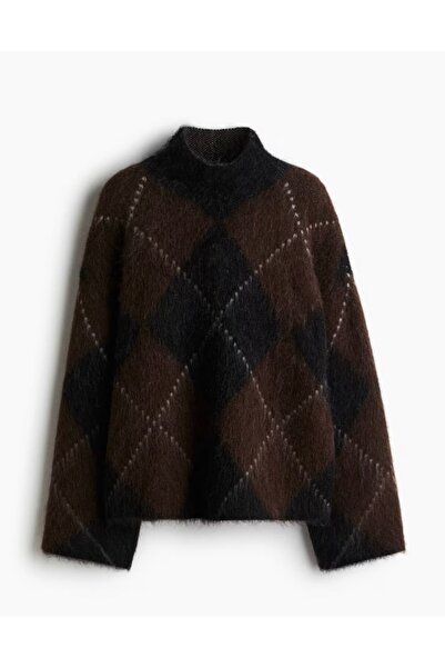 ZEYLİVA Women's Brown Diamond Pattern Knit Sweater – Half Turtleneck