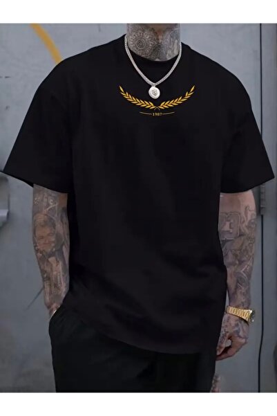 FUFLUNS تي شيرت رجالي كبير الحجم بياقة دائرية وطباعة تصميم