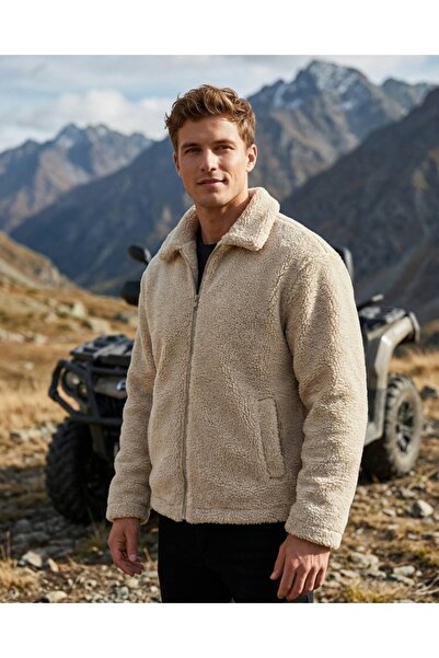 ONUR ERBİL MODA Erkek Bej Fermuarlı Tedy Yünlü Mont