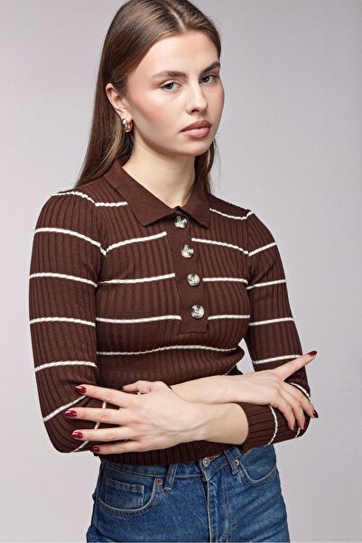 Saade Brown Striped Polo Neck Buttoned Corded Fabric Knitwear Blouse - Three ...