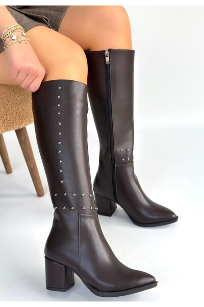 Zerenyus Tiyan Premium Beaded Brown Heeled Boots