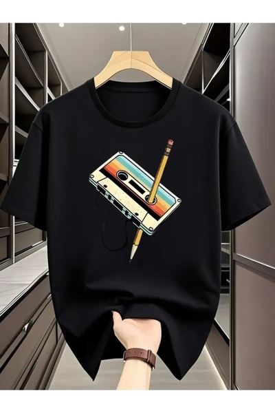 FUFLUNS تي شيرت ملون مطبوع عليه شريط كاسيت للجنسين/للرجال/للنساء ذو رقبة دائر...