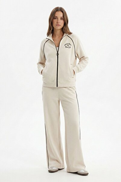 Mood Lab Bej Rengi Kahverengi Kontrast Biyeli Fermuarlı Cepli Nakışlı Bol paç...