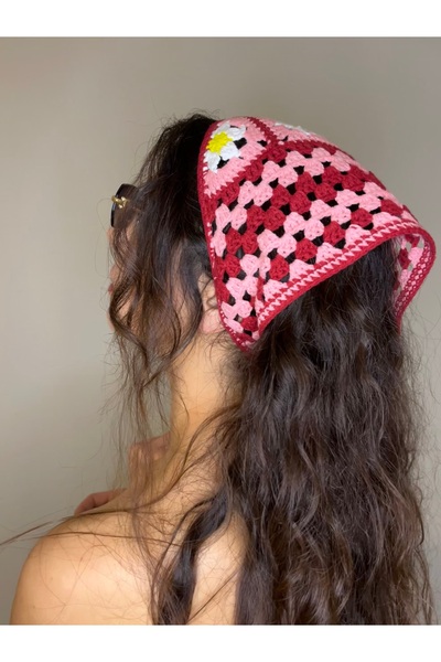 Ra Design store Red and Pink Hand-Knitted Bandana with Floral Details