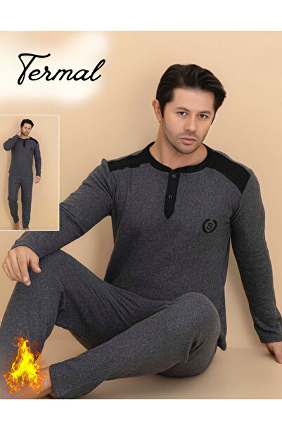 İXOMAN Men's Winter Thermal Pajama Set Bottom Top Set Black - Navy Blue - Smoked