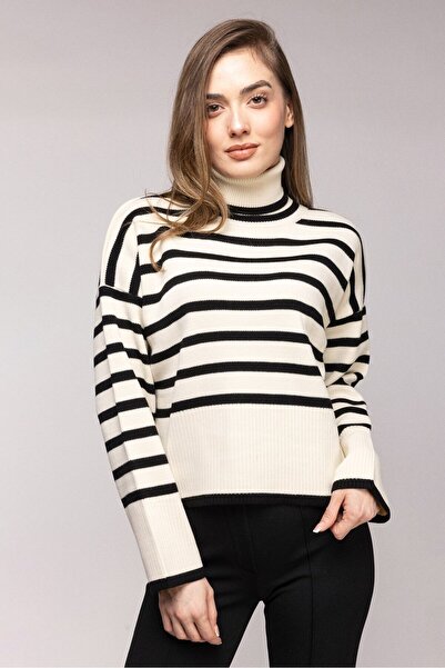 Saade Black Striped Turtleneck Oversized Knitwear Sweater