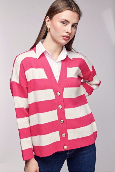 Saade Cardigan tricotat supradimensionat cu aspect de cămașă în dungi fucsia