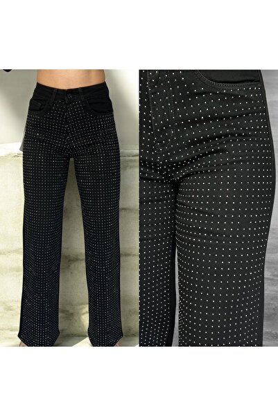 DENRA Black wide leg jeans with rhinestones