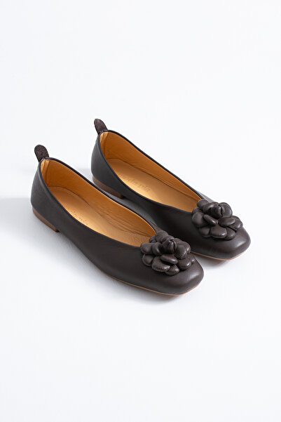 Himushe Genuine Leather Rose Pattern Buckle Women's Ballerinas Brown Leather