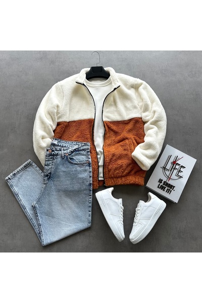 tetramoda Men's Patchwork Plush Jacket & Blue Snow Wash Baggy Jeans Combination