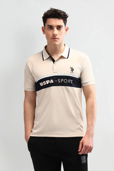 U.S. Polo Assn. Mens Beige Slim Fit Striped Polo Shirt