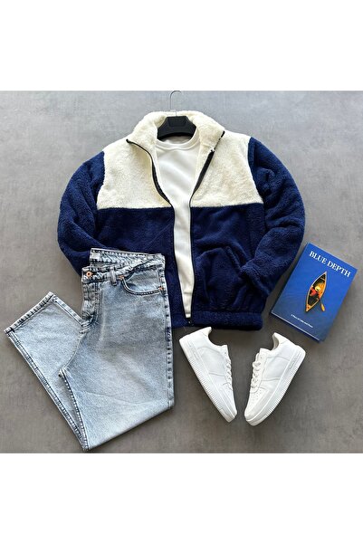 tetramoda Jachetă de pluș pentru bărbați și combinație de blugi largi albaștr...