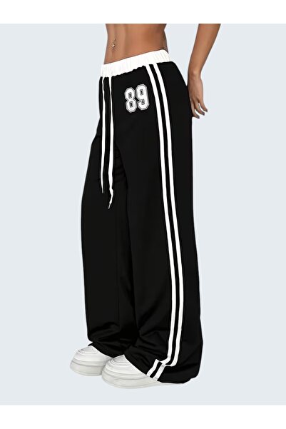 Karatopak 89 مطبوع بنطال رياضي نسائي ذو خصر عالٍ وحزام أبيض وشريط مزدوج واسع ...