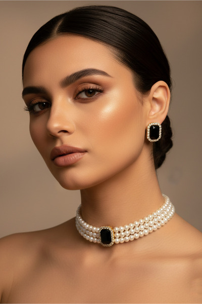 Happyline İncili Gold Kaplama Siyah Taşlı Tasma Choker Kolye Özel Tasarım Kol...