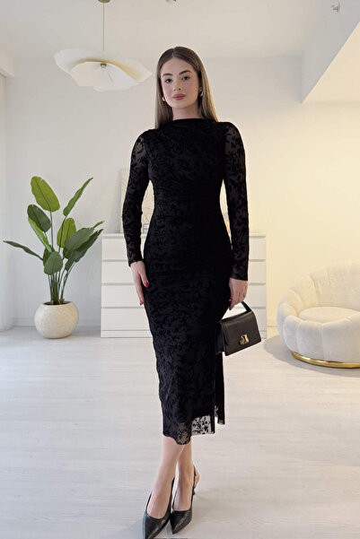 MOZENA Omuz Drape Detaylı Flok Baskılı Yırtmaçlı Elbise