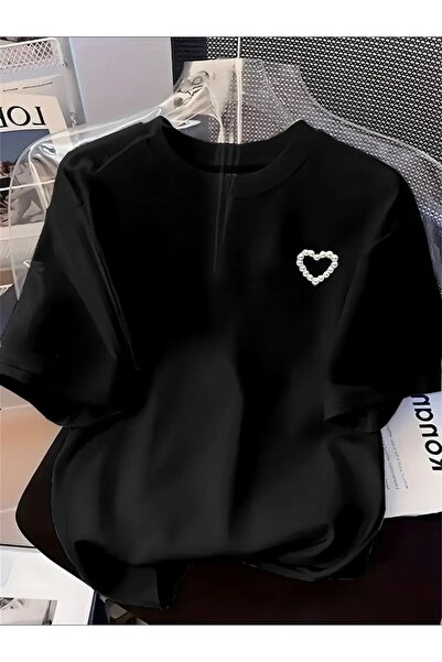 FUFLUNS تي شيرت كبير الحجم بياقة دائرية مطبوع عليه قلب من اللؤلؤ