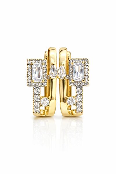 Sense of Atelier Ecta Huggie Rectangular Zircon Stone Gold Hoop Earrings