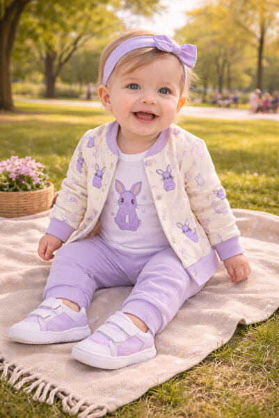 Atlas Baby House طقم بنطلون كارديجان مطبوع عليه أرنب للفتيات الصغيرات باللون ...