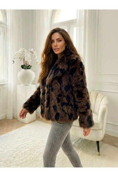 UniqueStore.ro Jachetă maro din blană artificială cu imprimeu animal print
