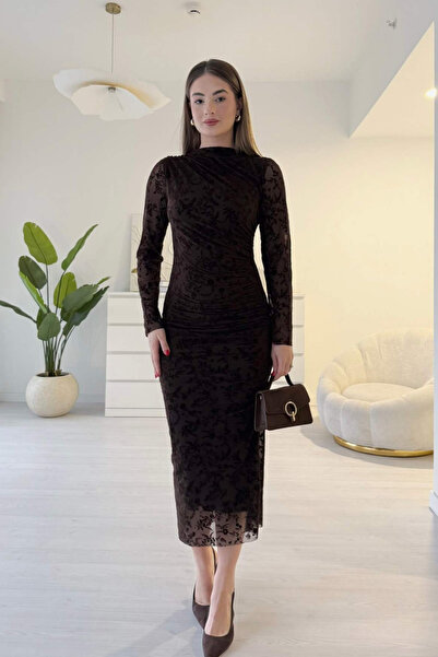 MOZENA Shoulder Drape Detailed Flock Printed Slit Dress