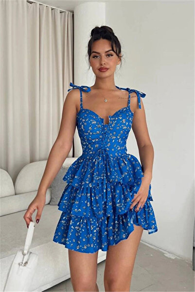 MetuCA Women's Blue Floral Print Shoulder Bow Heart Neckline Layered Ruffle M...