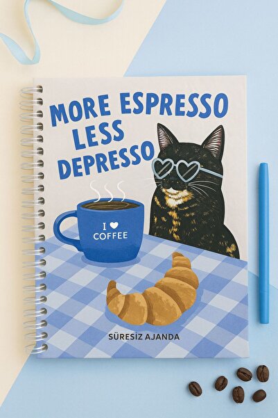 matheon Kedi Desenli Süresiz Ajanda - Spiralli Tarihsiz Plan Defteri (Kahve T...