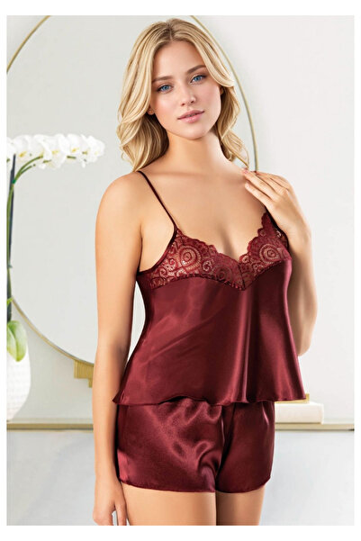Soweto Women's Burgundy Satin Shorts Pajama Set Lace Embroidered Suspender Ho...